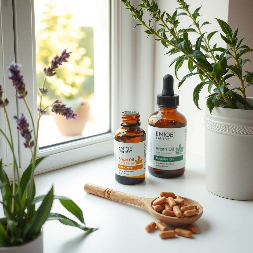 Peaceful natural wellness environment with herbs and essential oils